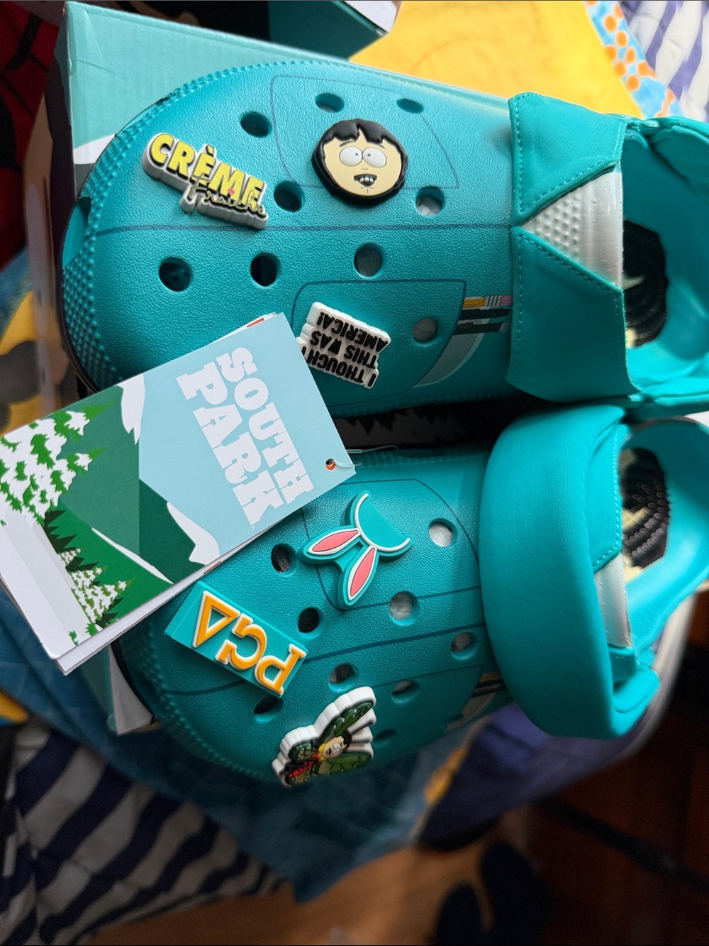 Mens Teal Slip-On Croc Shoes with Charms
